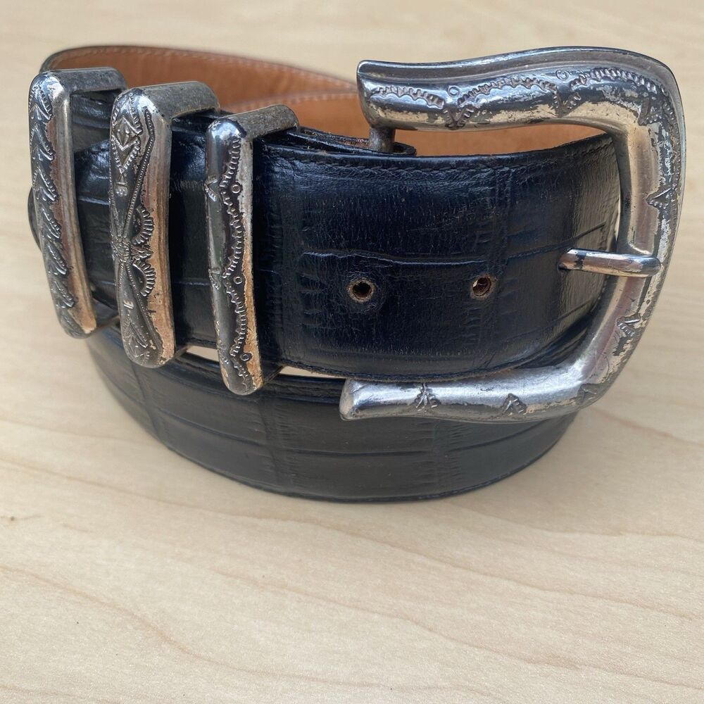 Brighton Leather Belt Western Engraved Buckle Keeper Set Black USA Croc Vtg Smal
